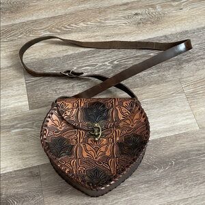 Brown boho western tooled floral leather crossbody bag made in Mexico